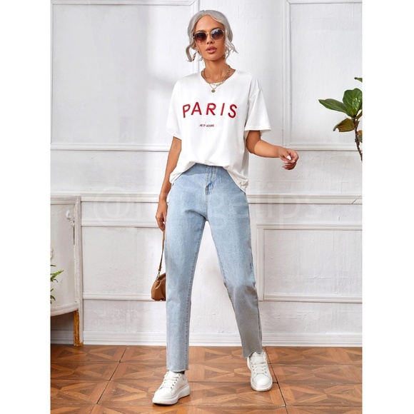 White Tee Red Embroidery Text Print Shirt Short Sleeve, Drop Shoulder Oversized - Picture 4 of 12